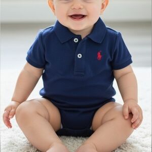 Ralph Lauren Cotton Mesh Baby Polo Bodysuit - Navy Blue - 6M